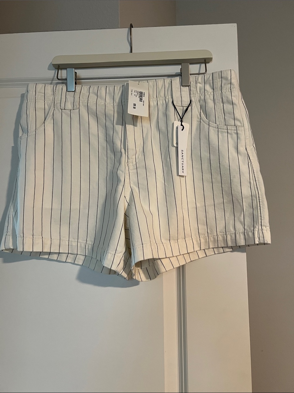 Sanctuary Women's Cream Shorts with Navy Pinstripes